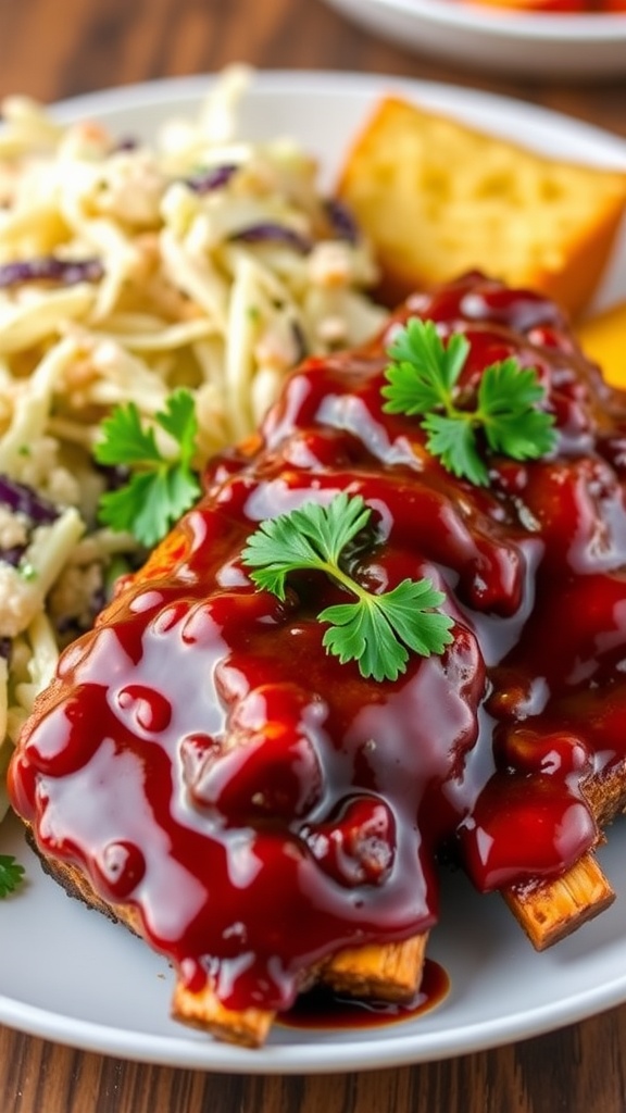 Juicy pork ribs glazed with barbecue sauce, served with coleslaw and cornbread.